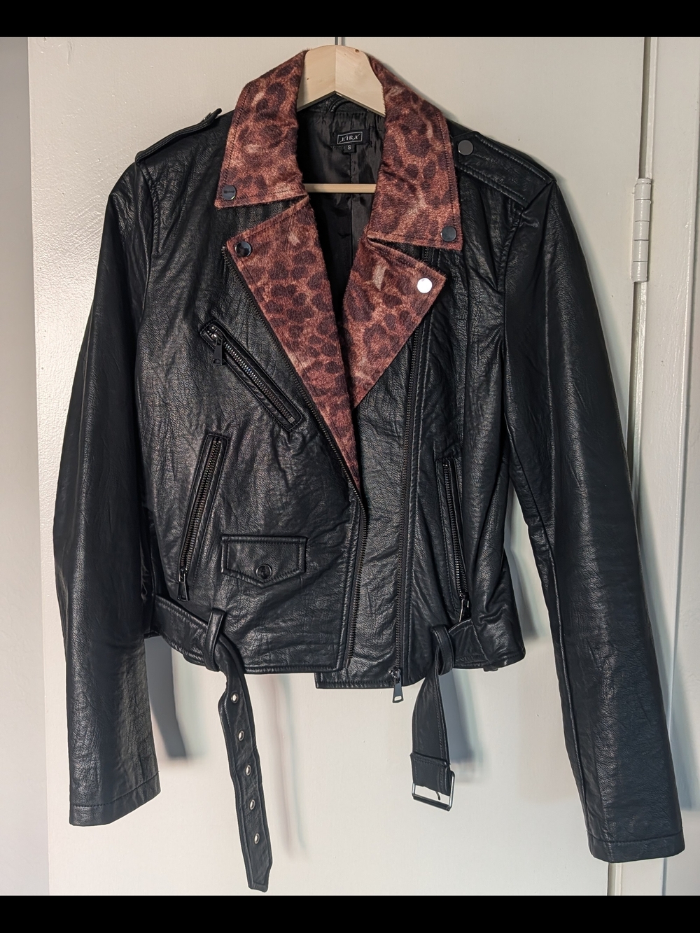Lira Black Faux Leather Moto Jacket with Leopard-Print Collar